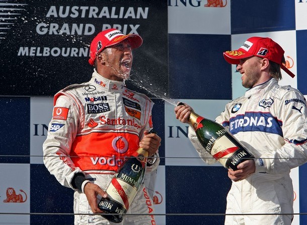 lewis hamilton and nick heidfeld celebrating victory at Australian Formula1 GrandPrix Albert Park